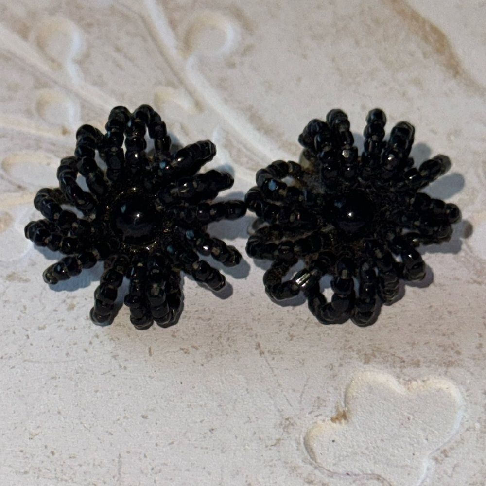 Black beaded vintage screw on earrings